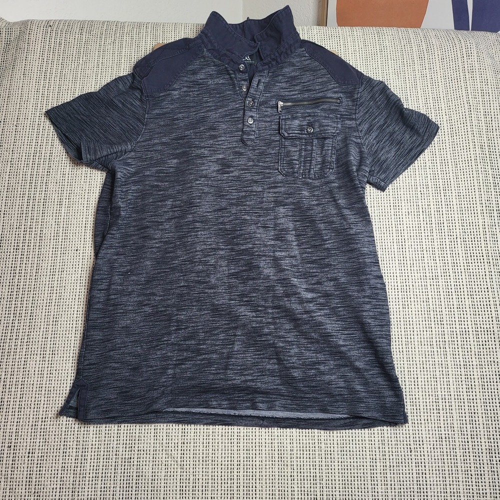 Rock & Republic Shirt Mens Large Blue Gray Short Sleeve Pocket Button‎ Polo Zip